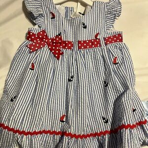 Striped Blue and White Kids Dress with Red Accents
